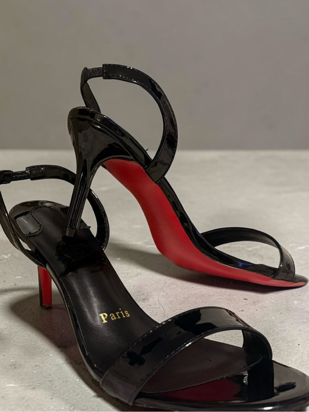 High Quality Black Patent Leather Ankle-Strap Heels red sole